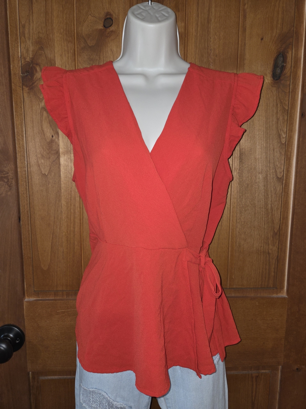 Monteau Red Faux Wrap Tie‎ Peplum Blouse